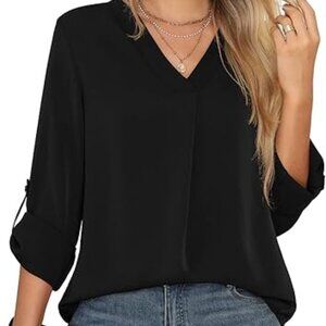 NWT Black V-Neck Blouse with Roll Tab Sleeves Large Soft & Lightweight